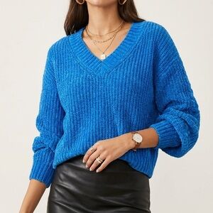 Pink Rose Vibrant Royal Blue V-Neck Shaker Stitch Sweater